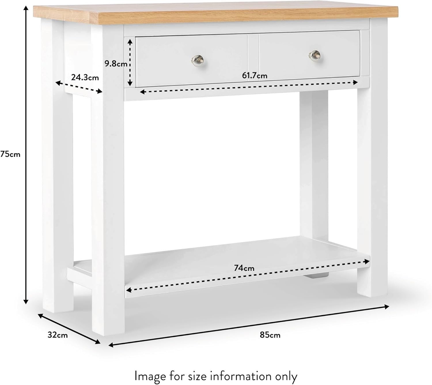 Wide White Oak Console Table with Drawer & Shelf, Hallway Storage
