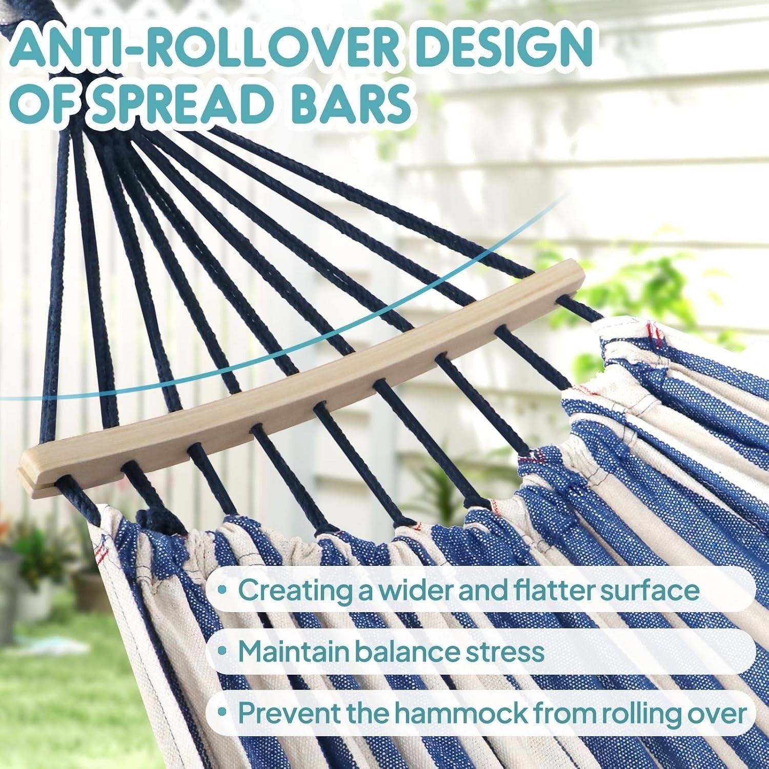 Outdoor Cotton Hammock with Spreader Bars & Tree Straps – Portable - Blue/White