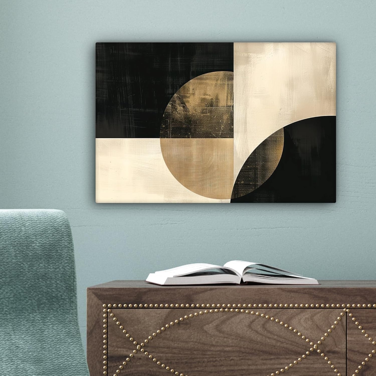 Abstract Black Gold Circles Canvas Wall Art 30x20cm Modern Decor