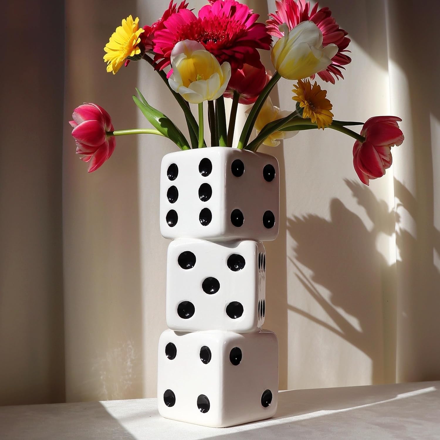 Dice Vase Ceramic Triple Stack White Black Dot Modern Table Flower Decor