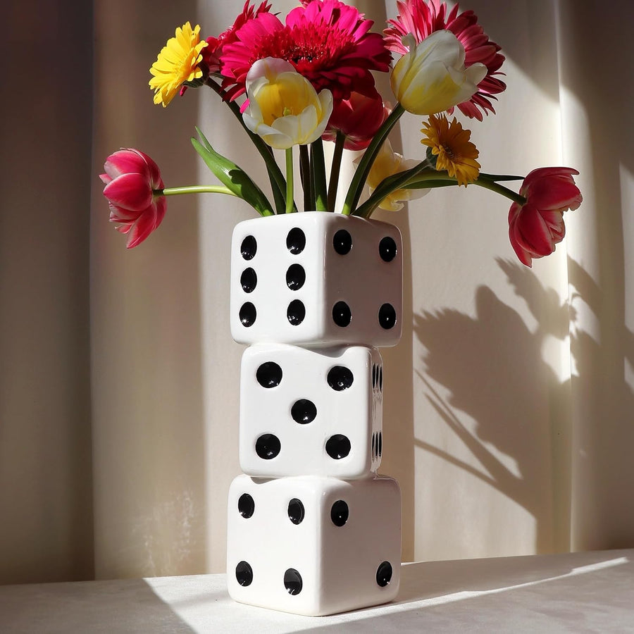 Dice Vase Ceramic Triple Stack White Black Dot Modern Table Flower Decor