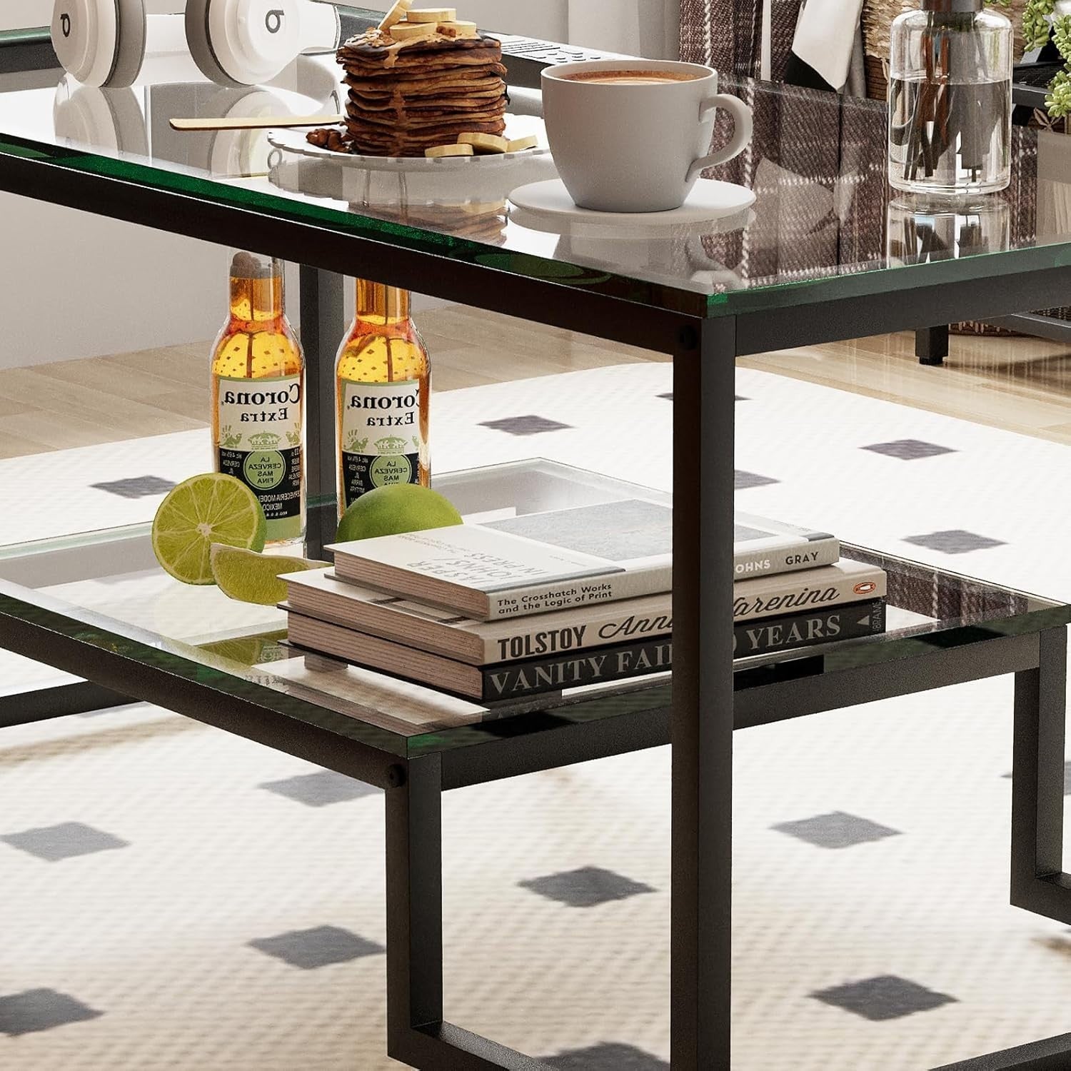 Modern Glass Coffee Table with Shelf – Black Metal Frame 2-Tier 100cm