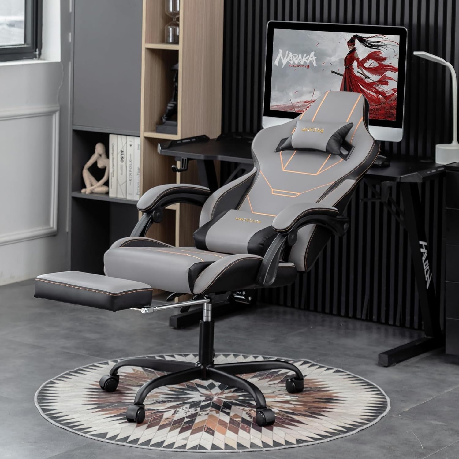 Ergonomic Gaming Chair with Footrest Lumbar Support Grey Black
