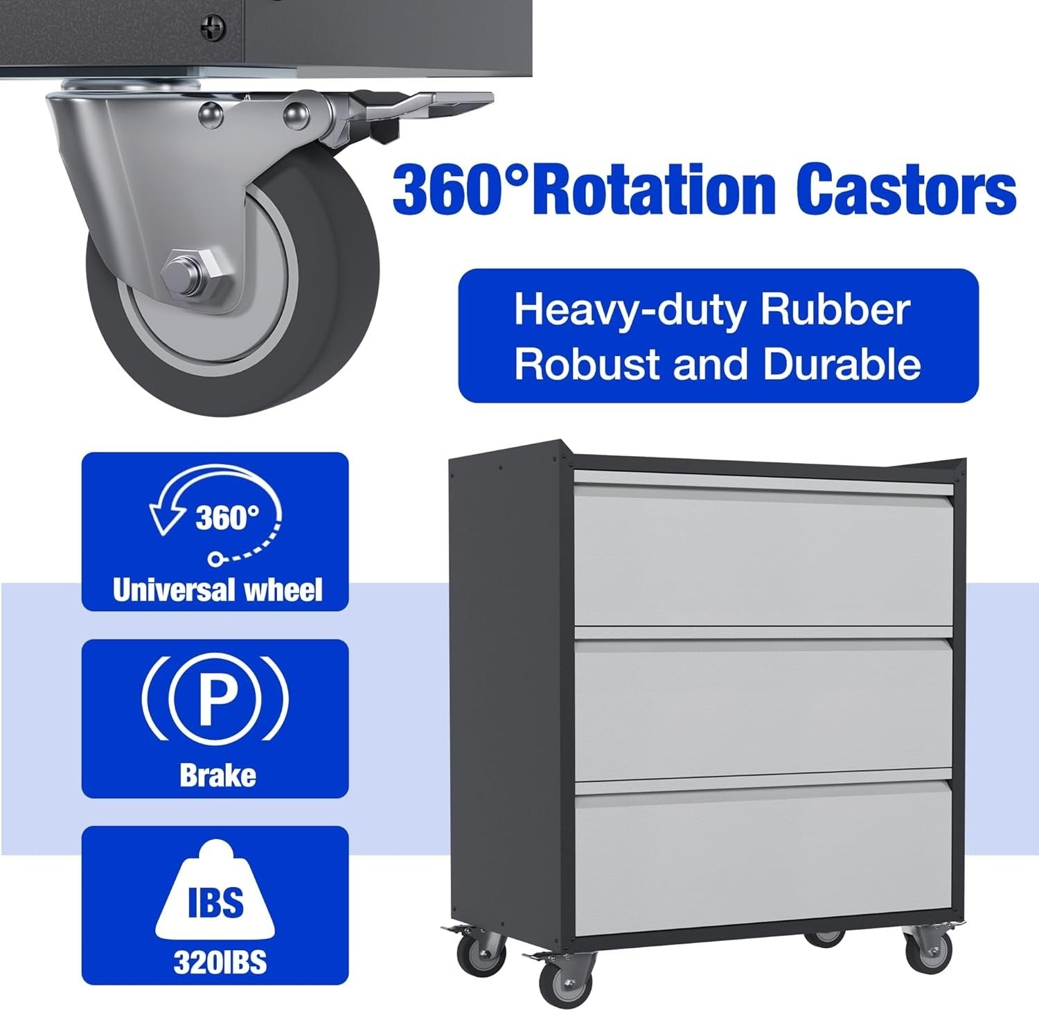 Mobile Metal Tool Cabinet with 3 Lockable Drawers & Workbench Surface