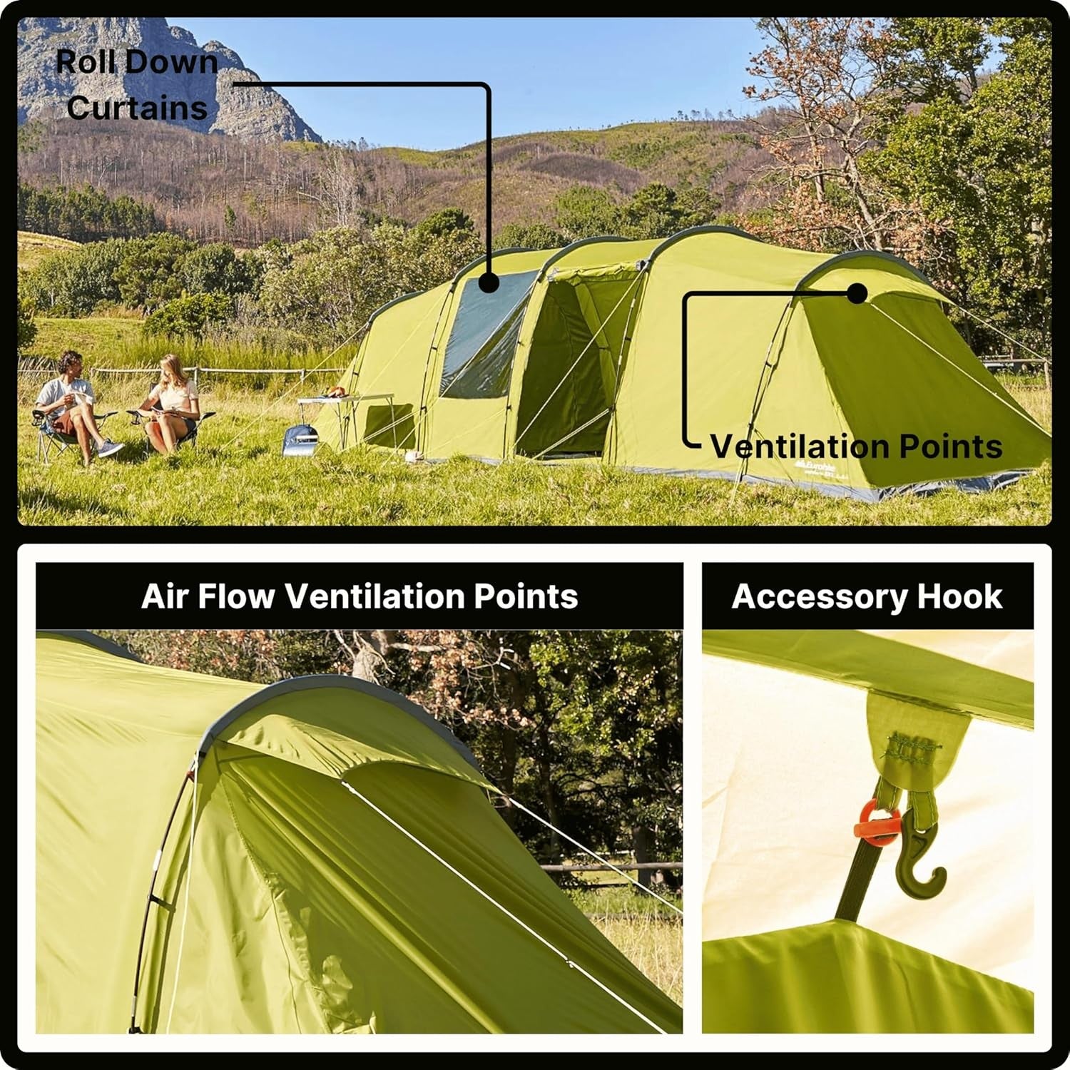 Green 8-Person Eurohike Sendero XL Family Camping Tent – Waterproof & Spacious