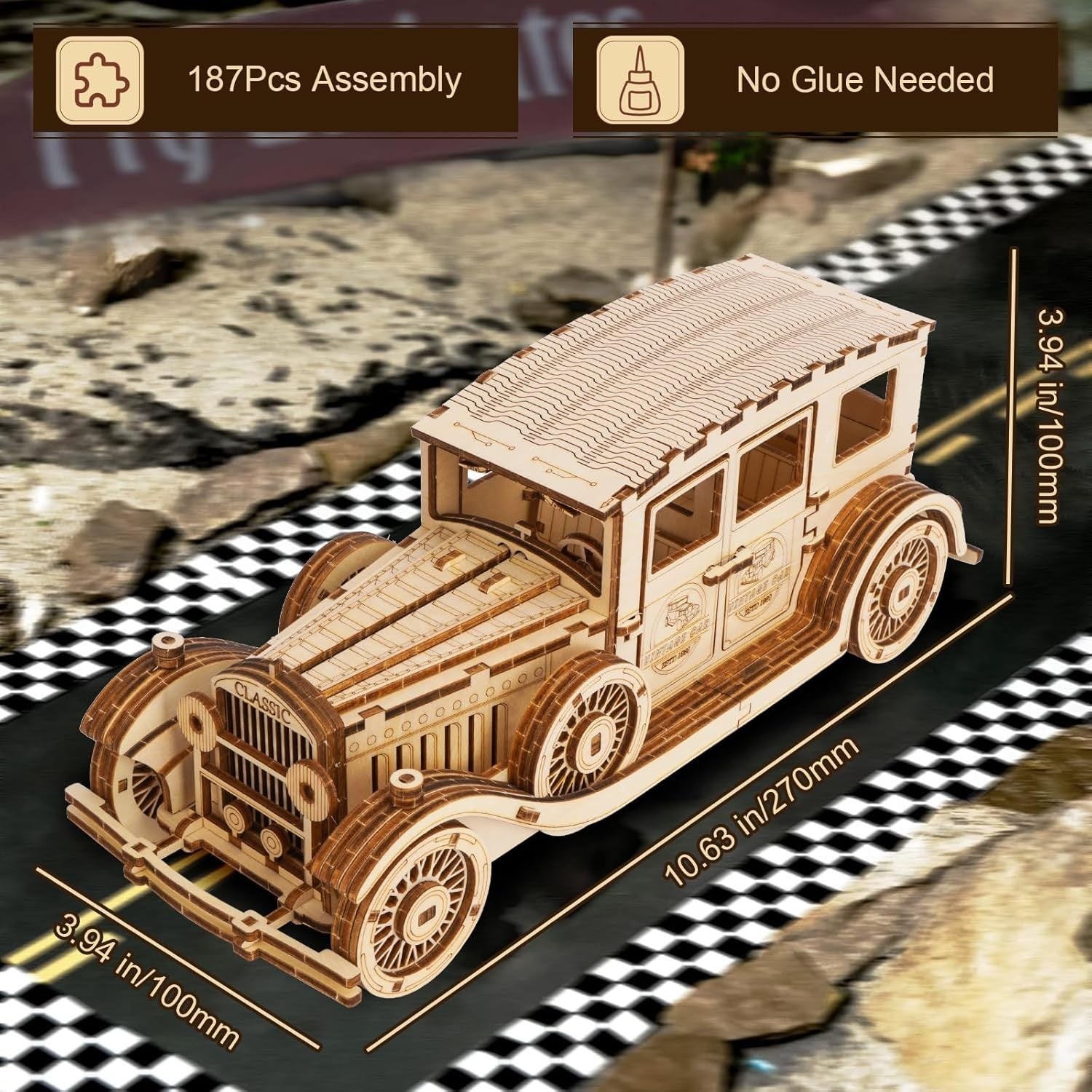 3D Wooden Vintage Car Puzzle Model Kit - 187 PCS DIY Mechanical Craft