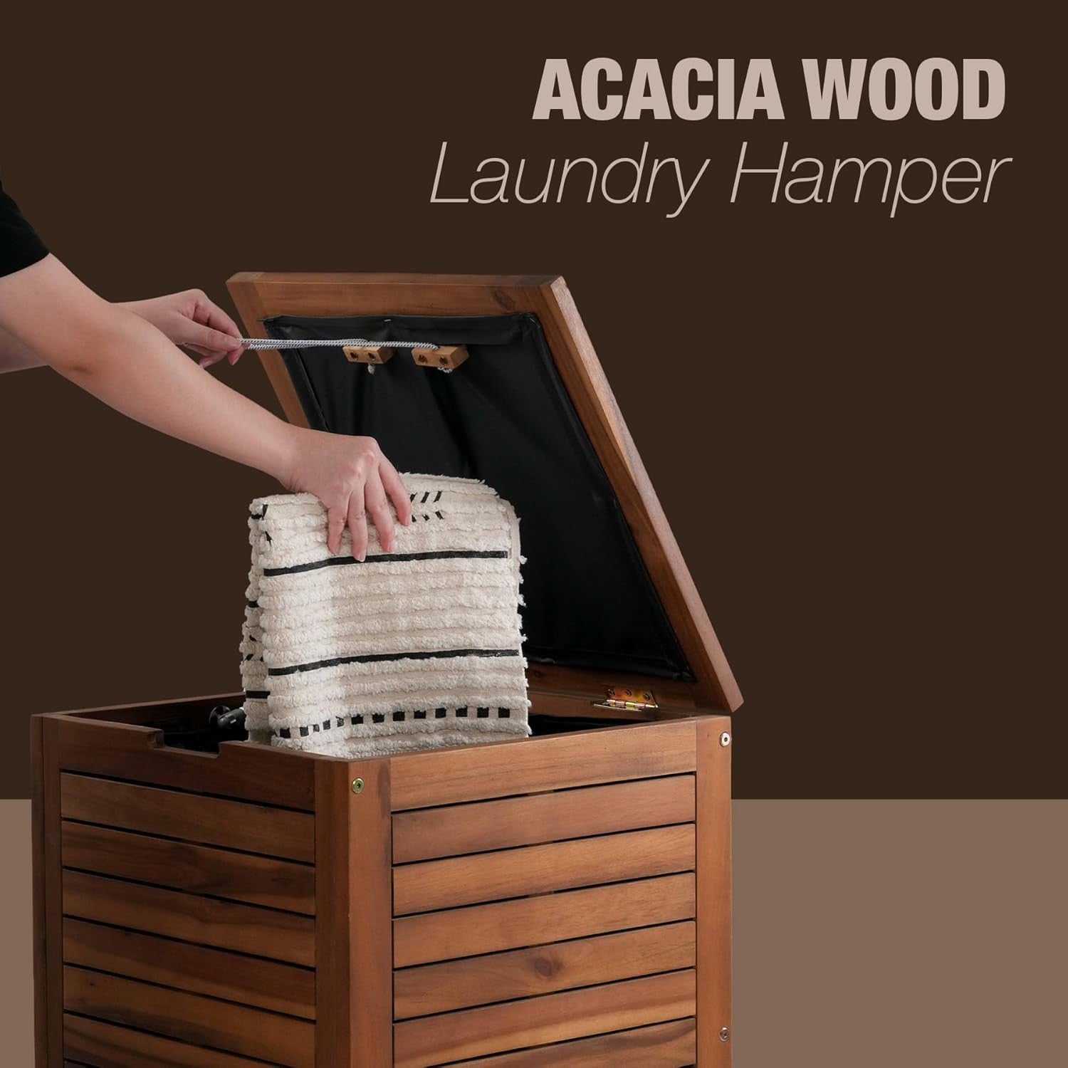 90L Solid Wood Laundry Hamper with Lid Large Brown Basket Removable Liner Bag