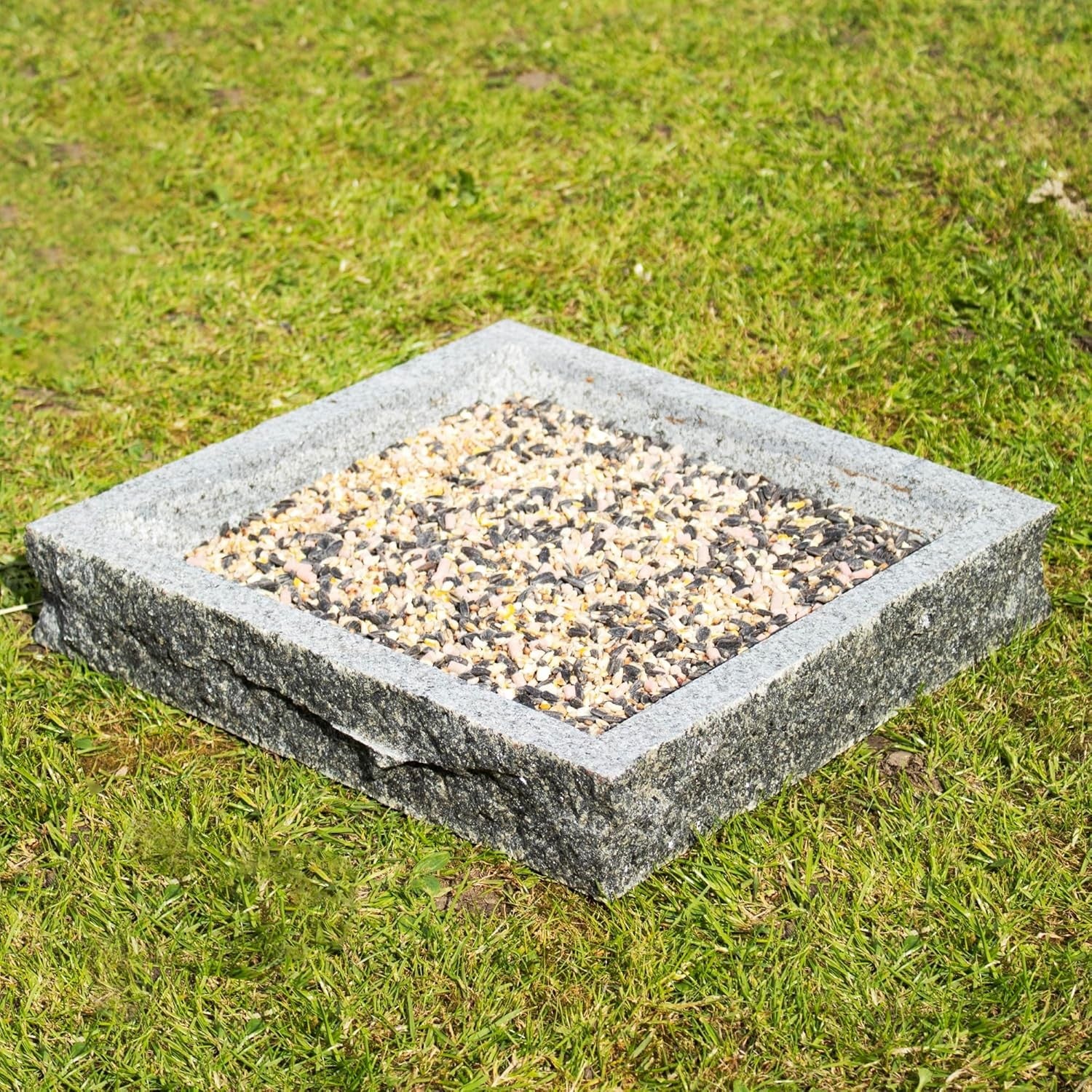 Granite Stone Bird Bath 13kg Square Feeder | Rustic Heavy Duty Garden Decor