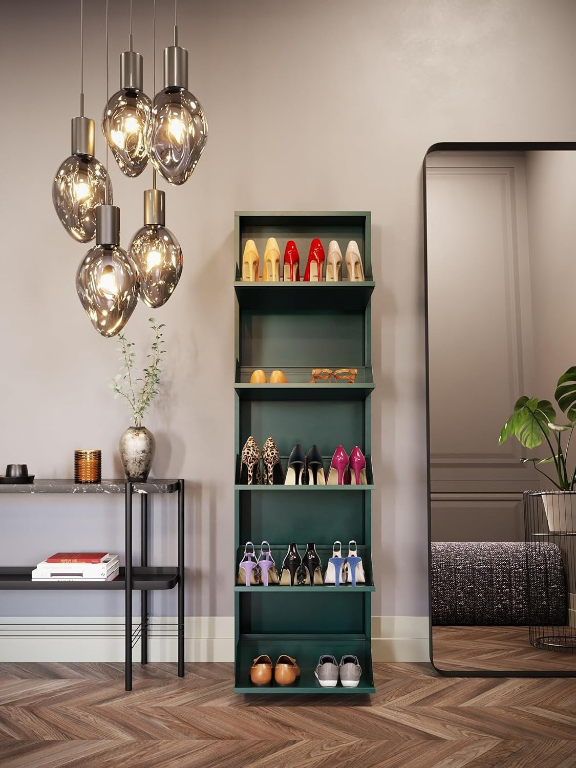 Slim 5-Drawer Shoe Cabinet Green – Space-Saving Metal Tilt Rack 170x50x15cm