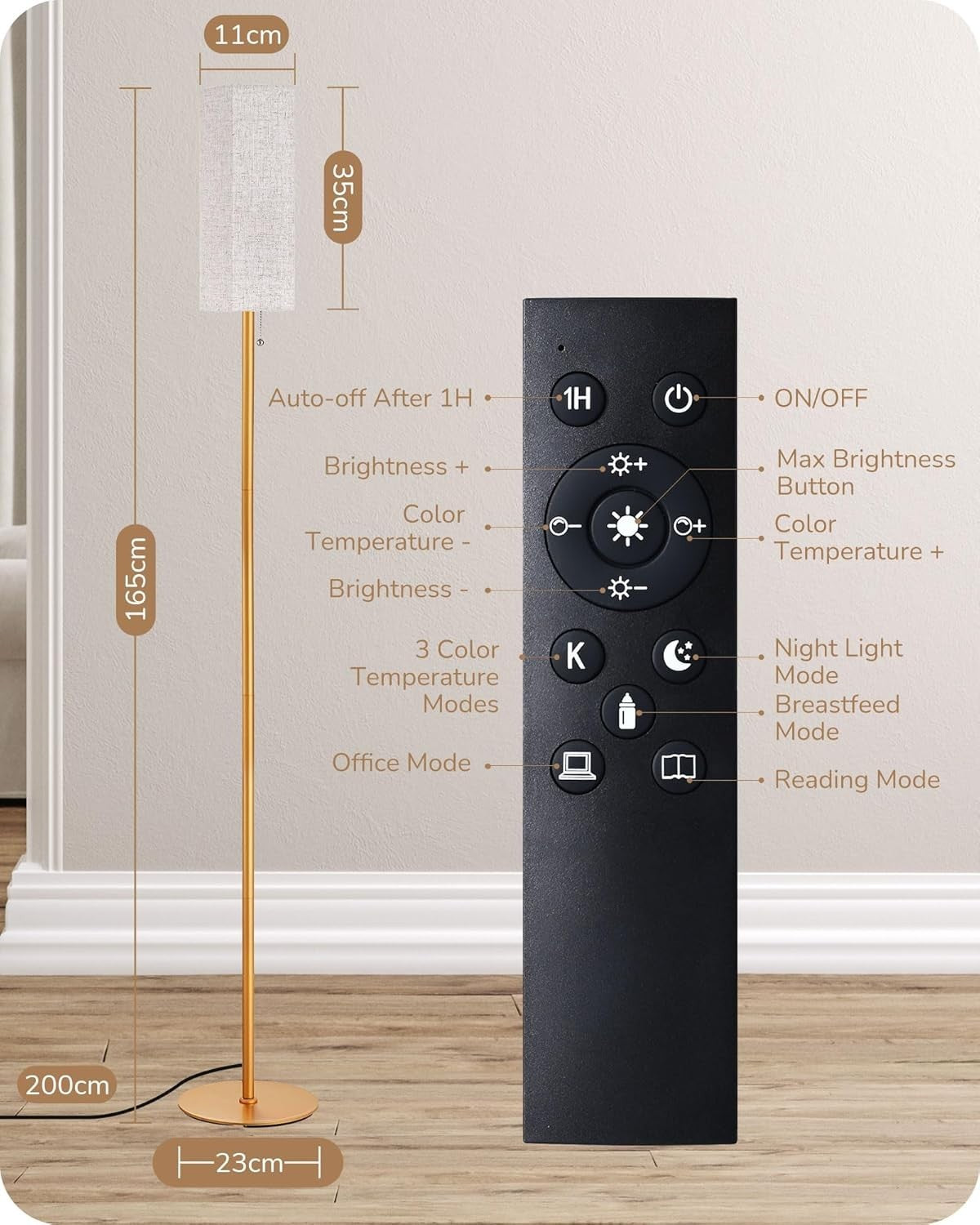 Gold LED Floor Lamp Dimmable Remote Control Standing Light Linen Shade