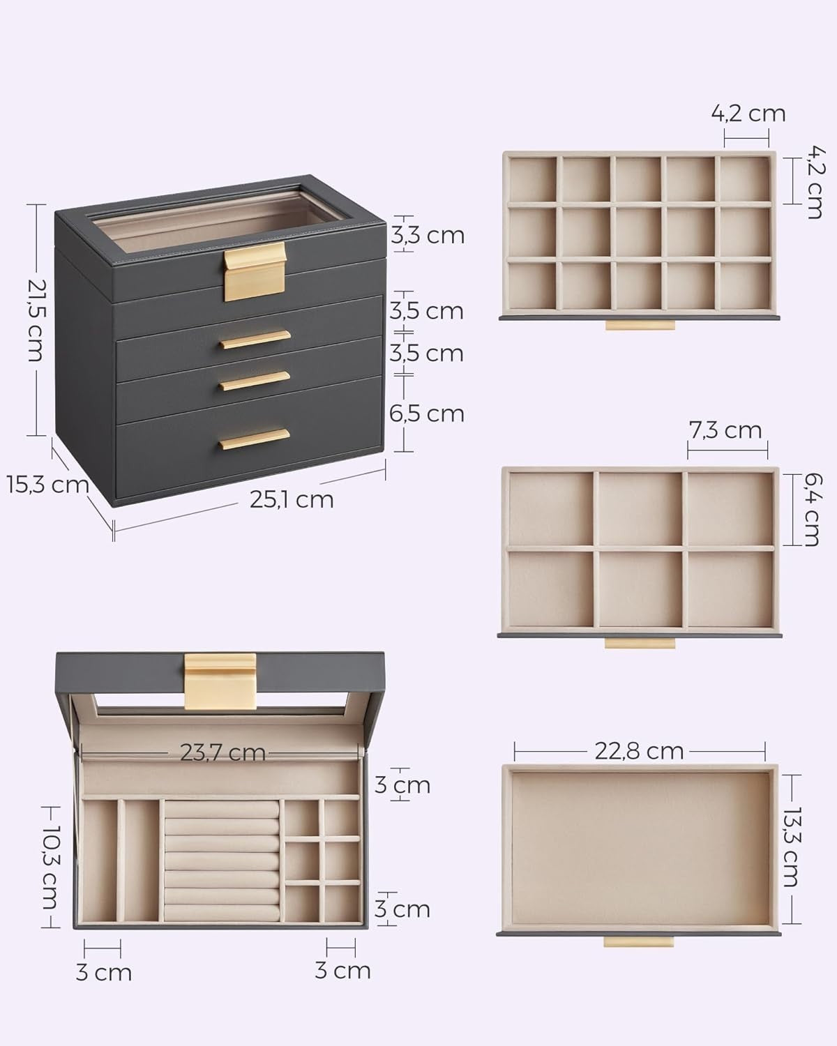 Grey Gold Jewellery Box Glass Lid 4 Layer Organizer with Drawers