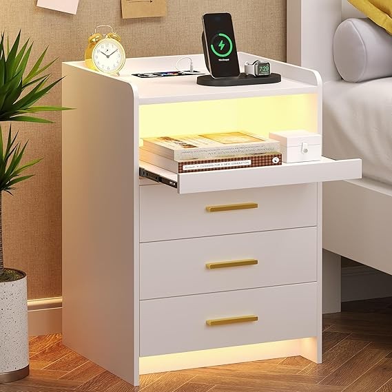 White LED Bedside Table with Charging Station & 3 Drawers | Modern Nightstand