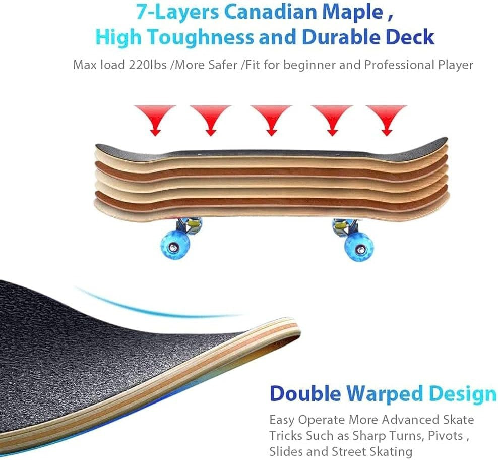 31" Double Kick Maple Skateboard w Flashing Wheels Kids Teens Beginners