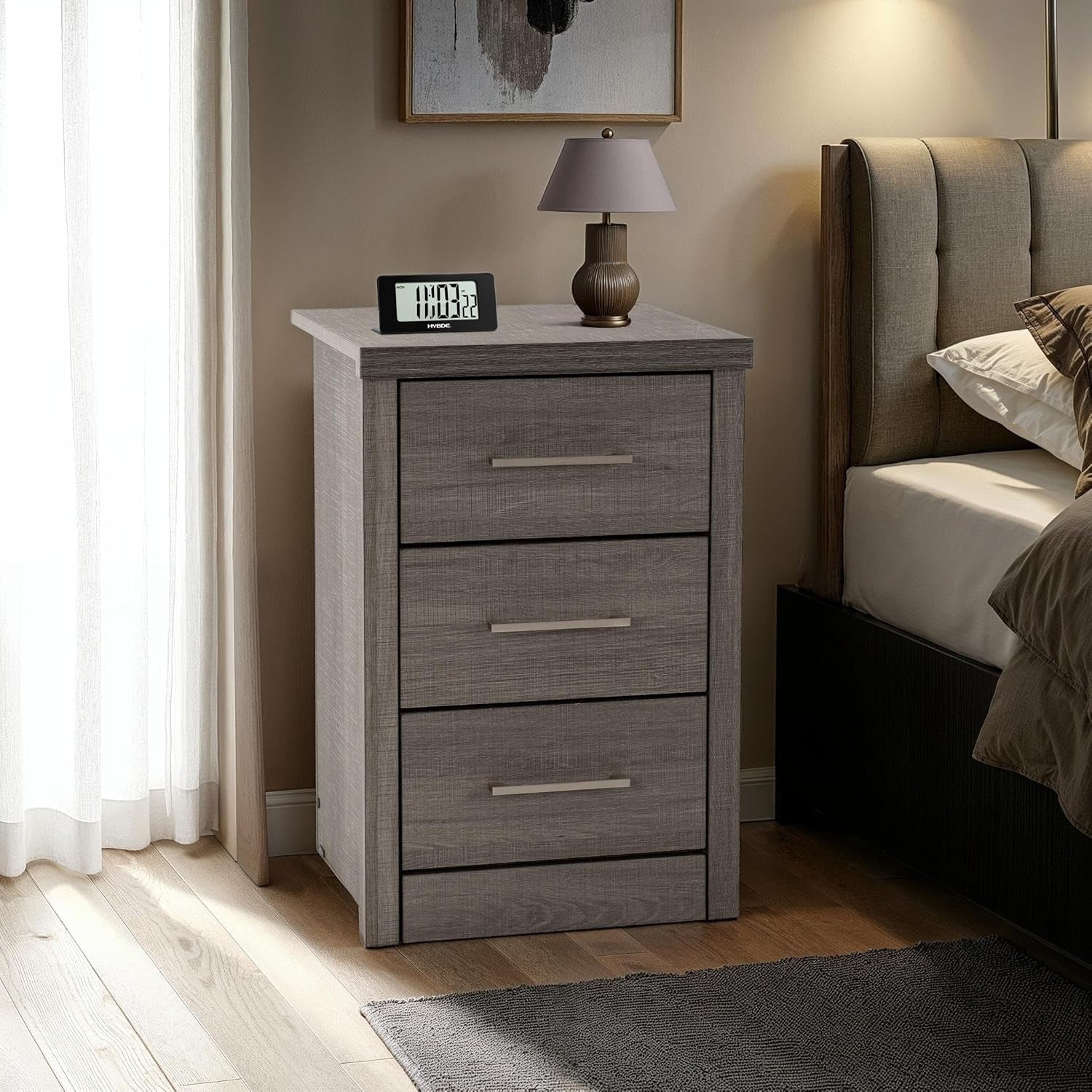 3 Drawer Bedside Table Black Wood Grain Modern Nightstand