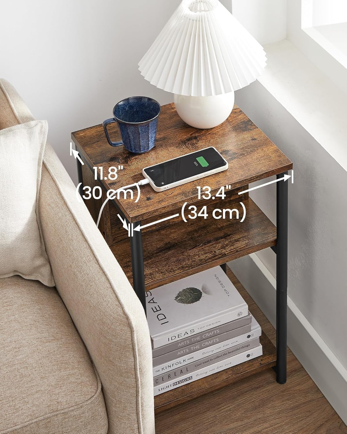 Slim Side Table with USB Charging Ports, 3 Tiers, 30x34x58cm, Rustic