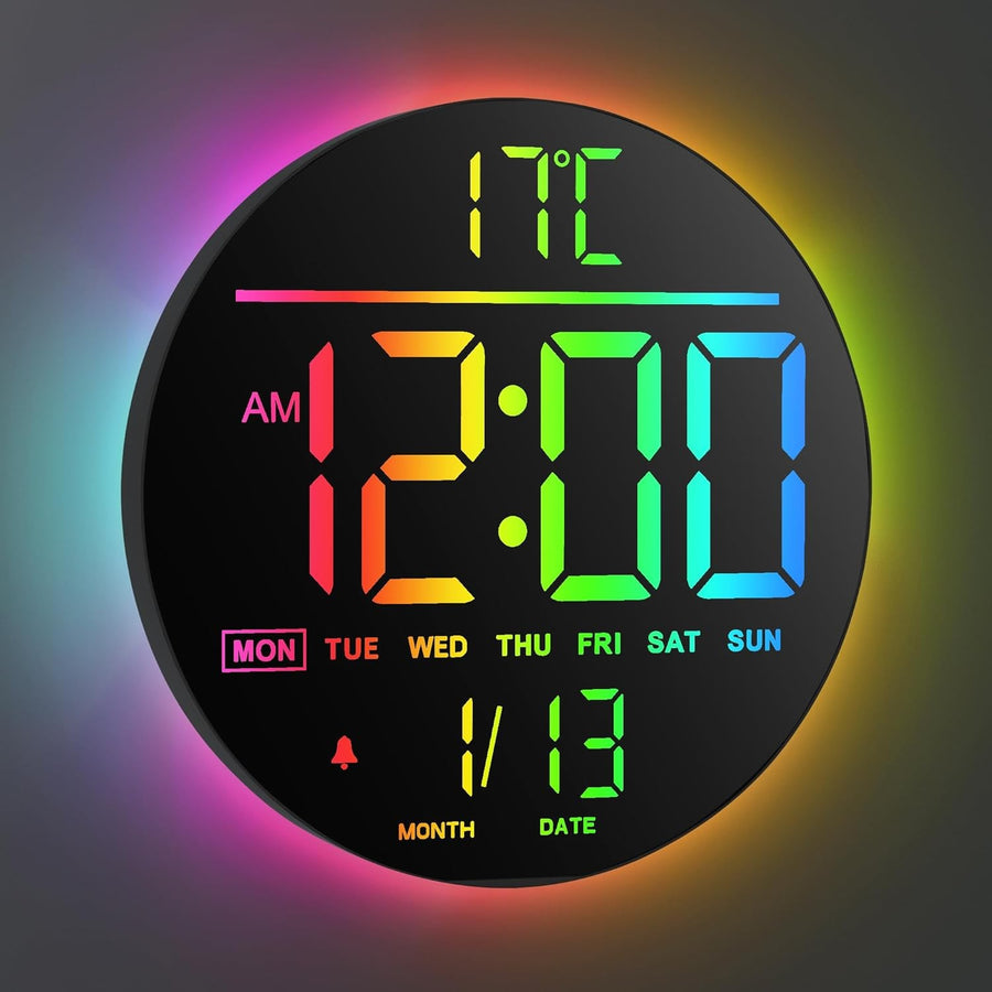 Black 10″ RGB Digital Wall Clock LED Large Display Remote Temperature