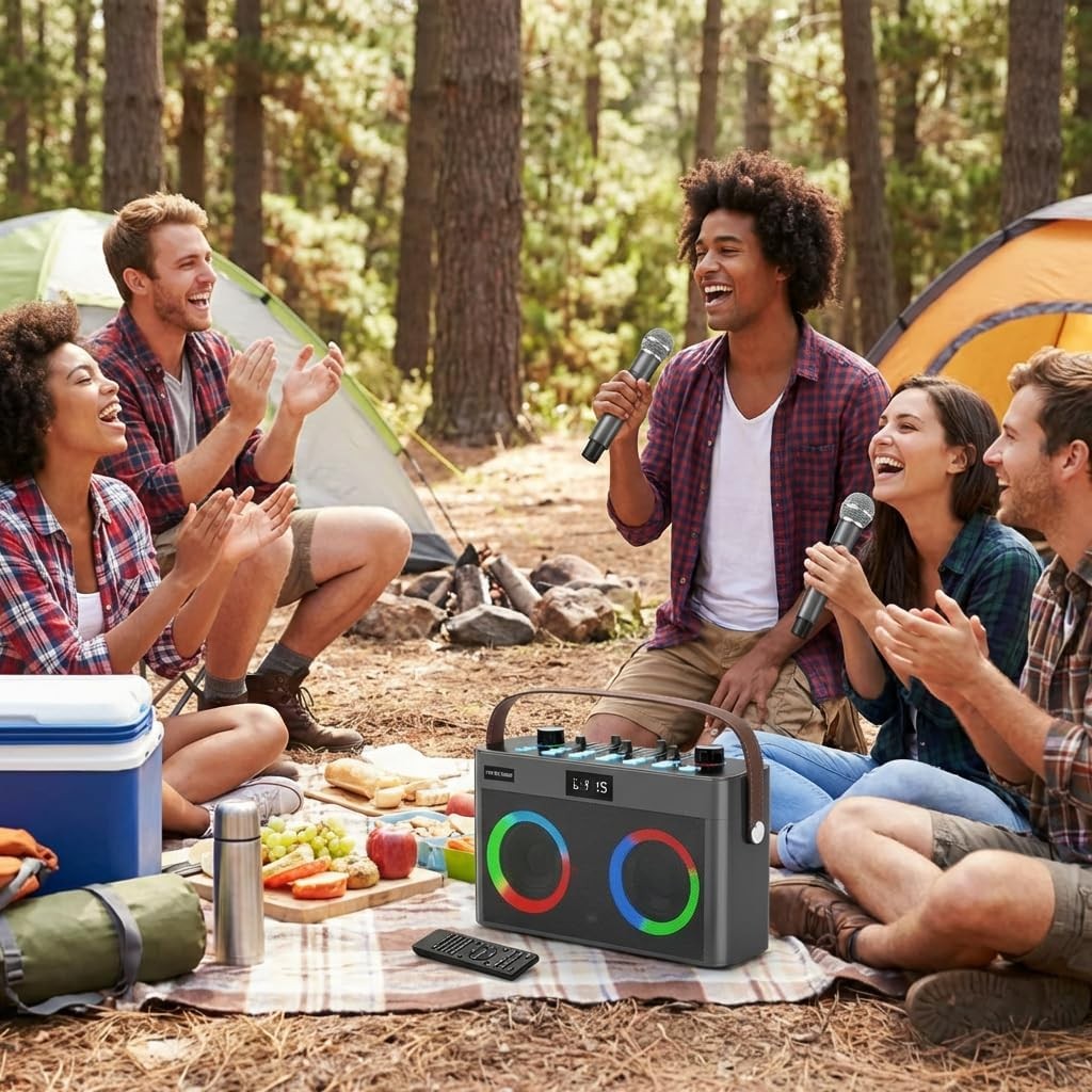MT-VIKI Portable Bluetooth Karaoke Speaker with 2 Wireless Mics LED
