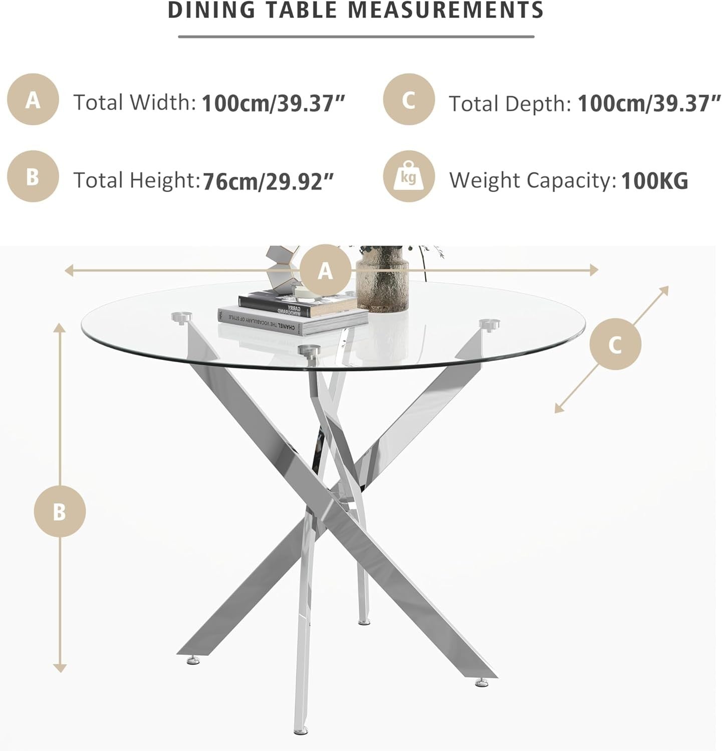 100cm Round Glass Dining Table with 4 White Faux Leather Chairs Set