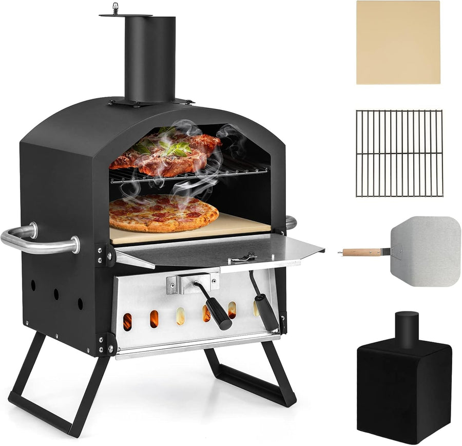 2-Layer Outdoor Wood Fired Pizza Oven with Stone, Peel & Waterproof Cover