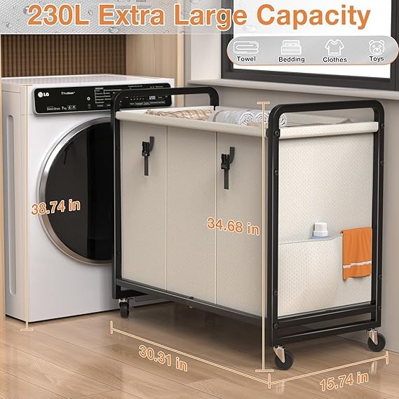 230L 3-Section Laundry Sorter Cart with Wheels & Metal Frame – White Organizer