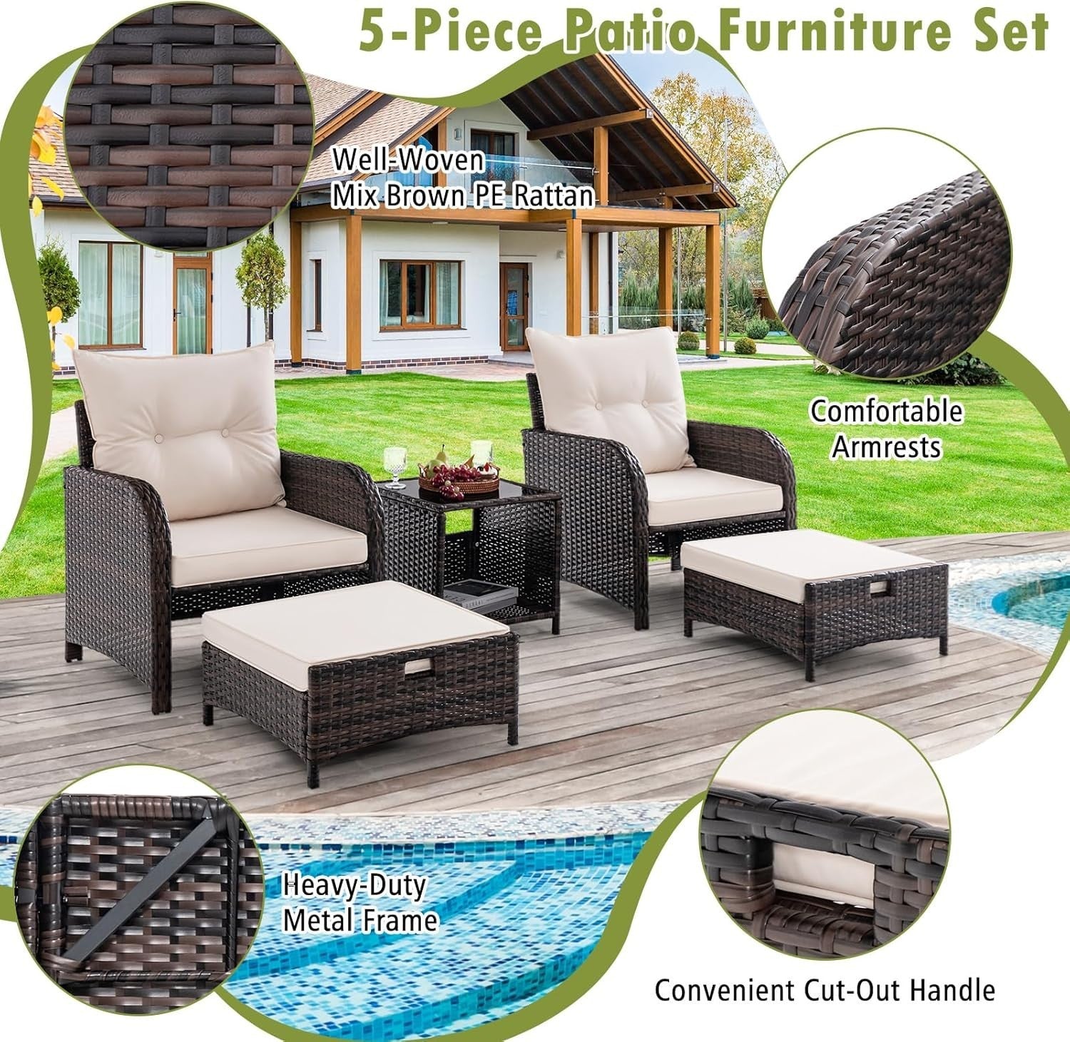 5PCS Garden Rattan Patio Set with Cushions, Coffee Table & Ottomans Outdoor