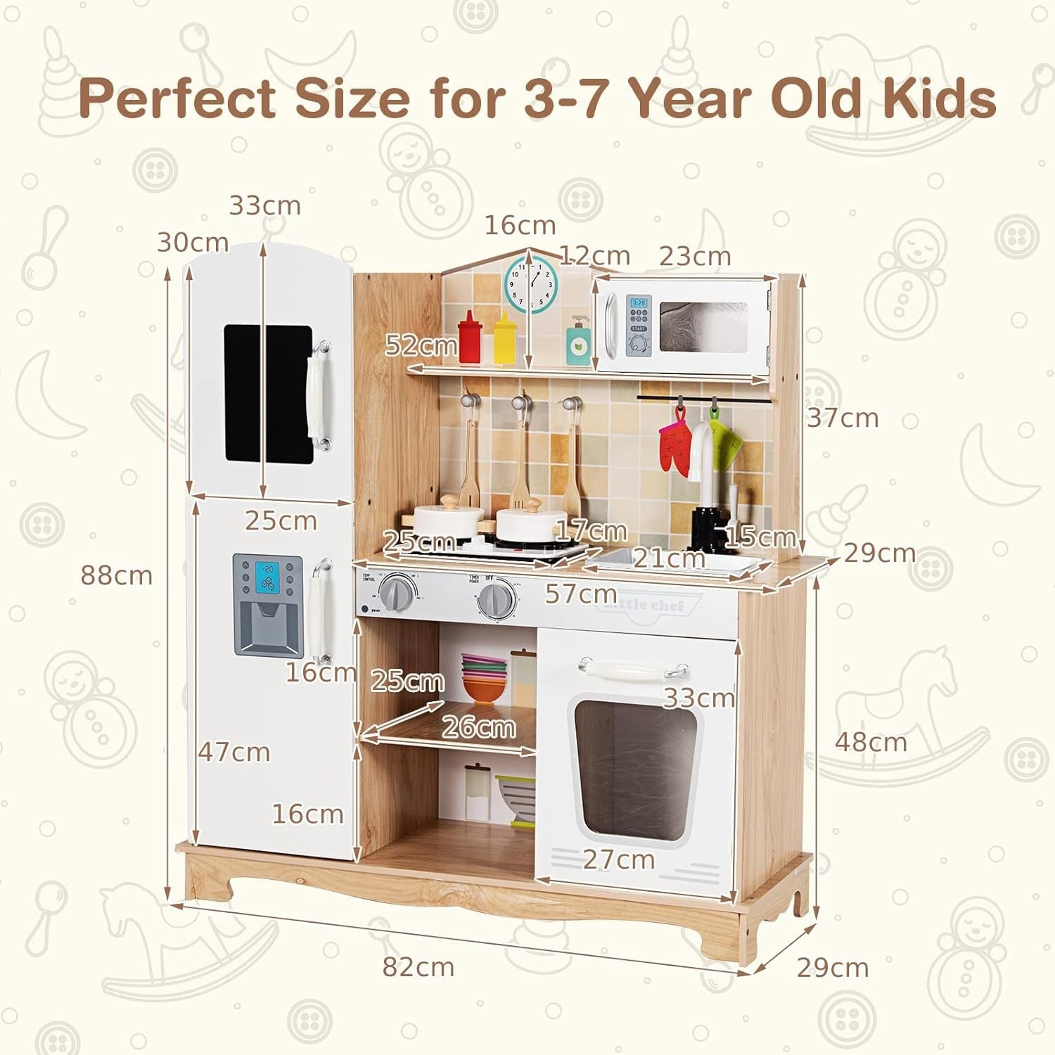 Wooden Kids Play Kitchen Lights Sounds Ice Maker Water Dispenser Set