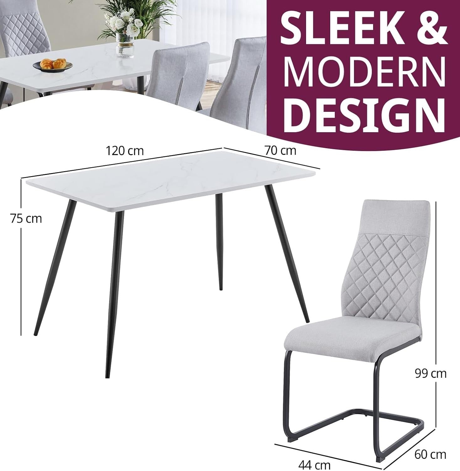 Marble Effect Dining Table & 4 High Back Grey Chairs – Small Kitchen Set
