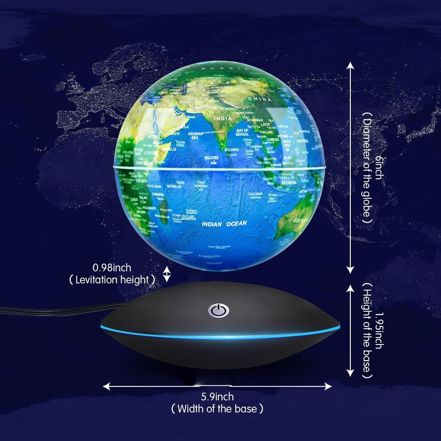 Magnetic Floating Globe Blue, 6" Rotating World Map LED Night Light
