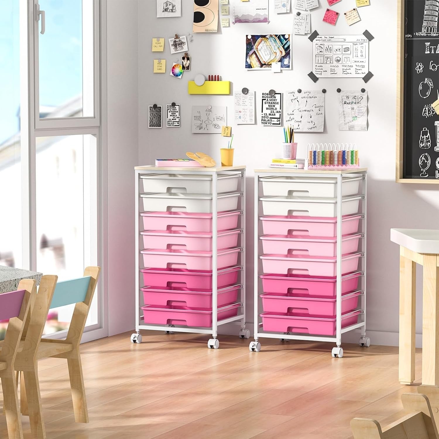 8 Drawer Rolling Storage Cart Rose Pink Utility Organizer Trolley