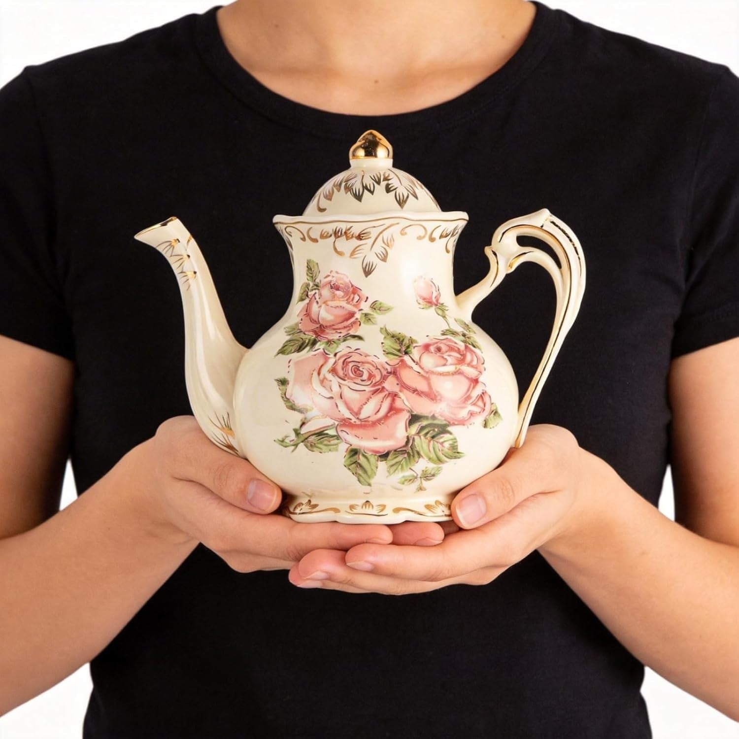 700ml Pink Rose Porcelain Teapot Vintage Floral Gold Trim Tea Pot