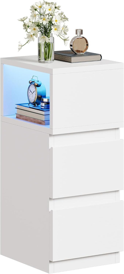 Slim LED Bedside Table with 2 Drawers – Modern White Nightstand Open Storage