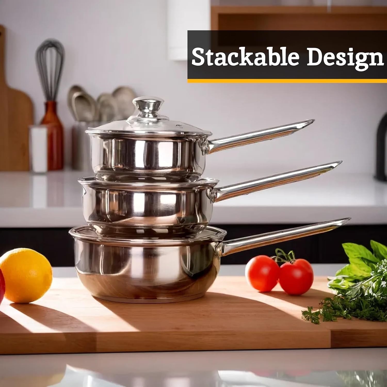 3Pcs Stainless Steel Saucepan Set with Glass Lids Mirror Finish
