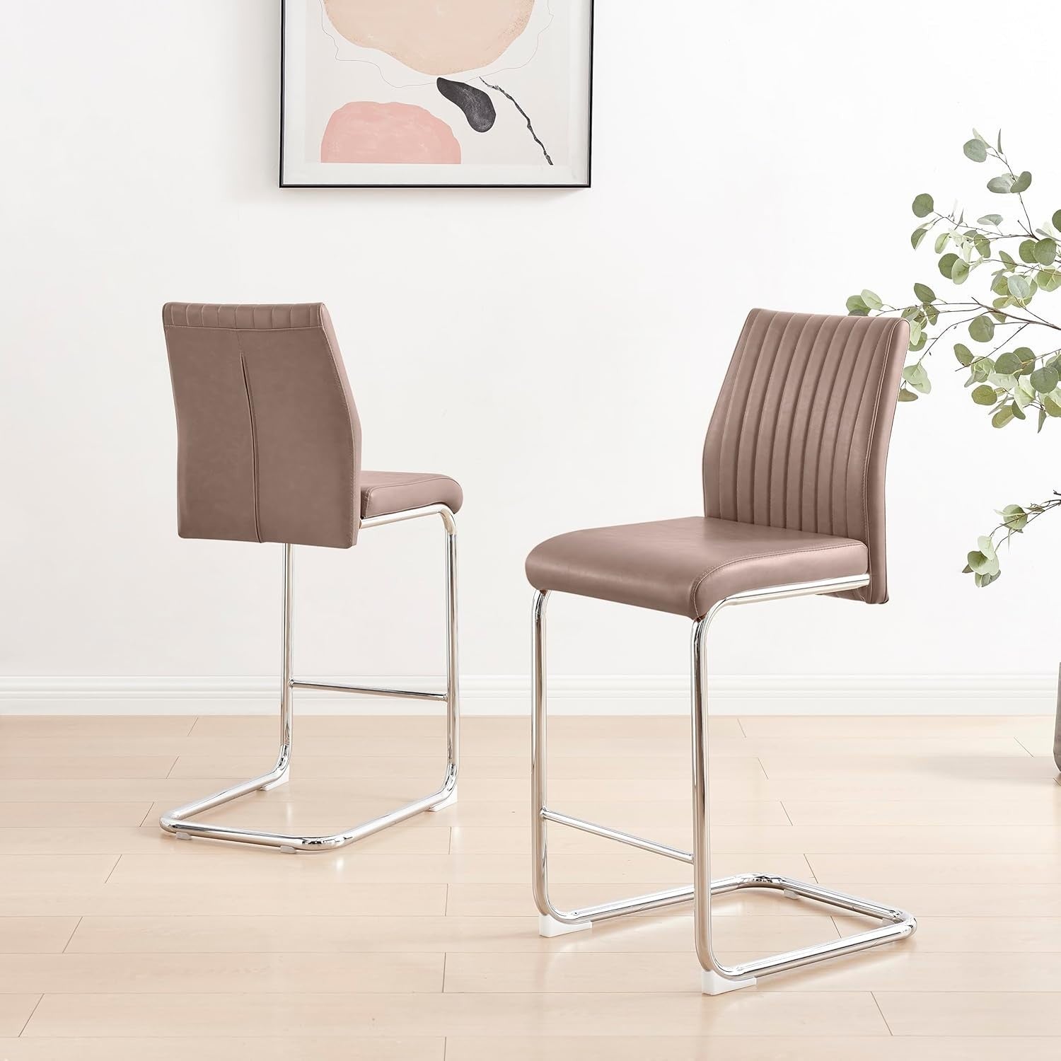 Modern Cappuccino Bar Stools Set of 2 – Faux Leather Cantilever Chairs