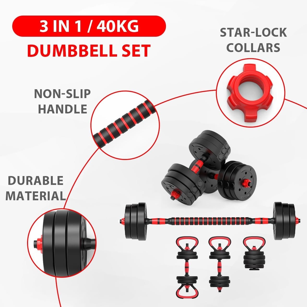 40kg Adjustable Dumbbells Barbell Kettlebell Set Home Gym Weights