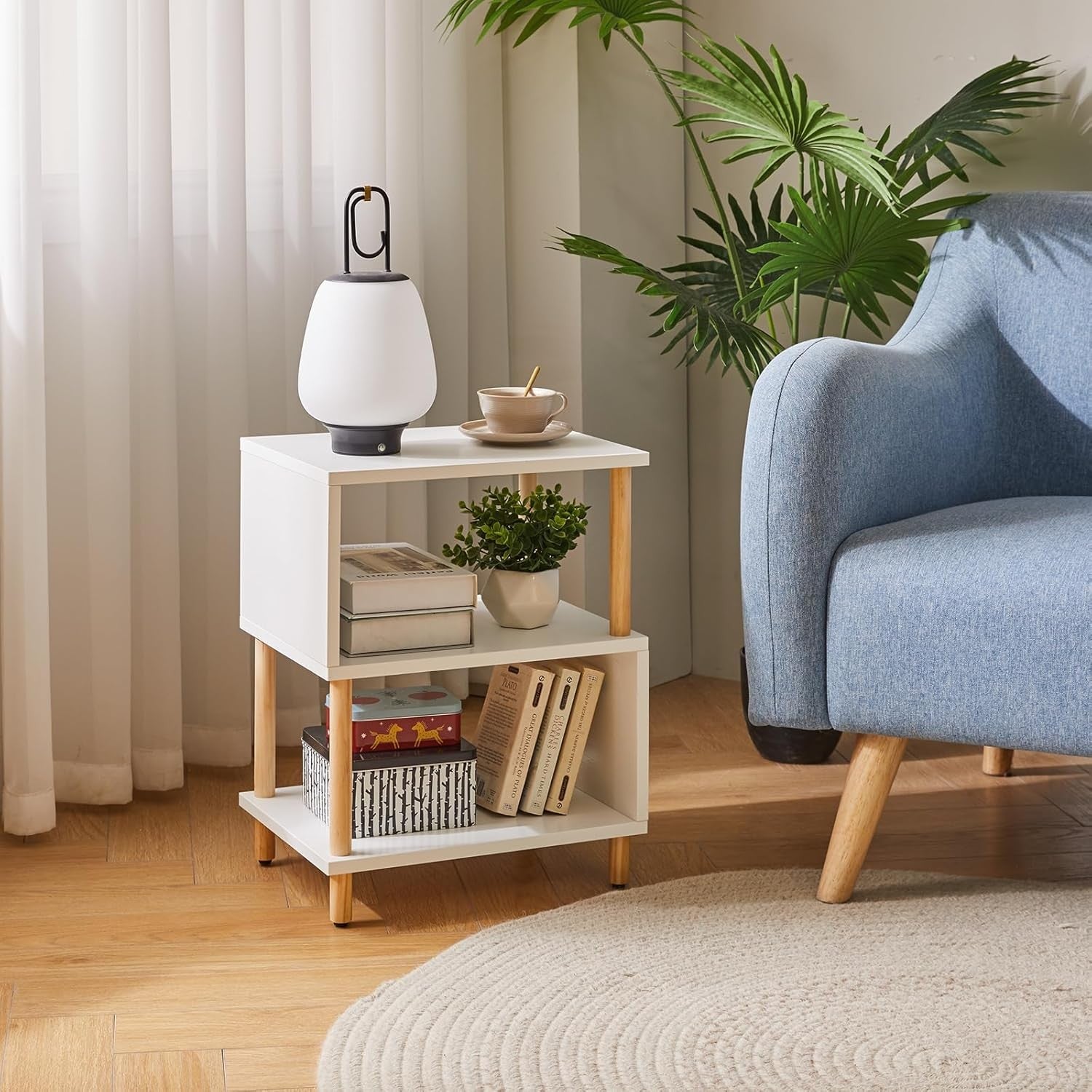 Modern White Side Table with Storage Shelves – Small Bedside/End Table for Bedro