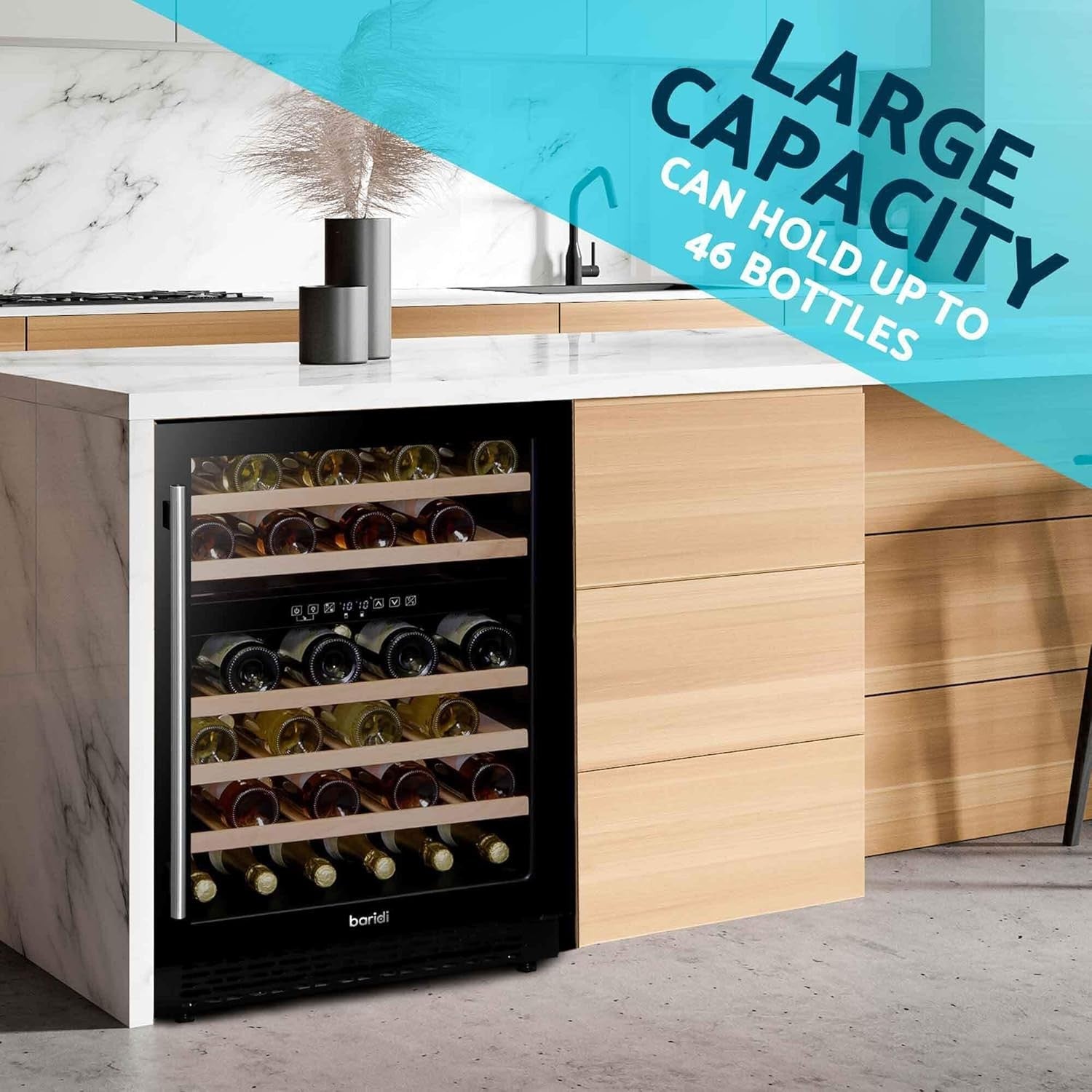 46 Bottle Dual Zone Wine Cooler Under Counter Fridge Touch Screen LED Black