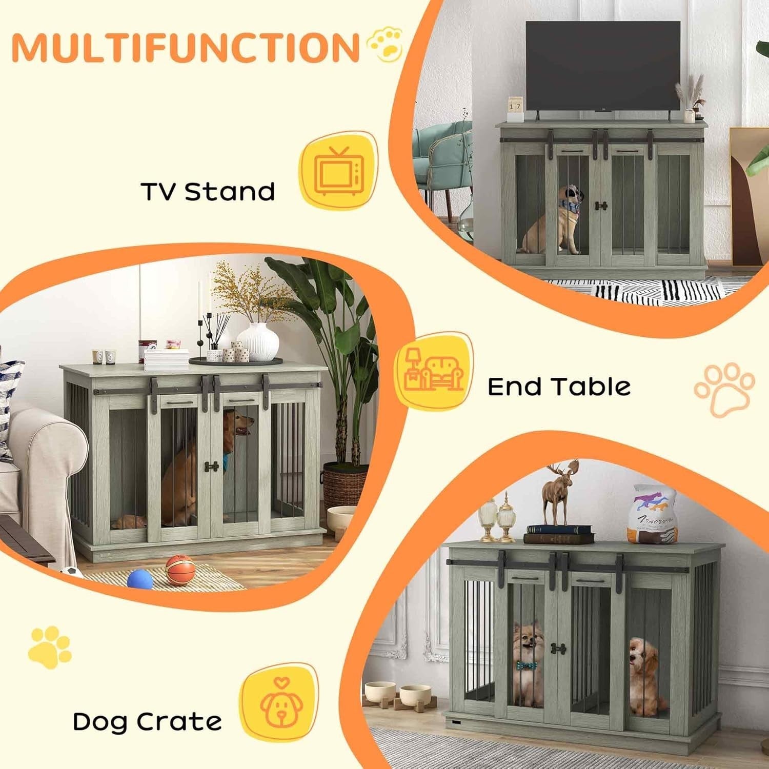 Large Grey Dog Crate Furniture with Divider, Sliding Doors & Side Table 120x60x8