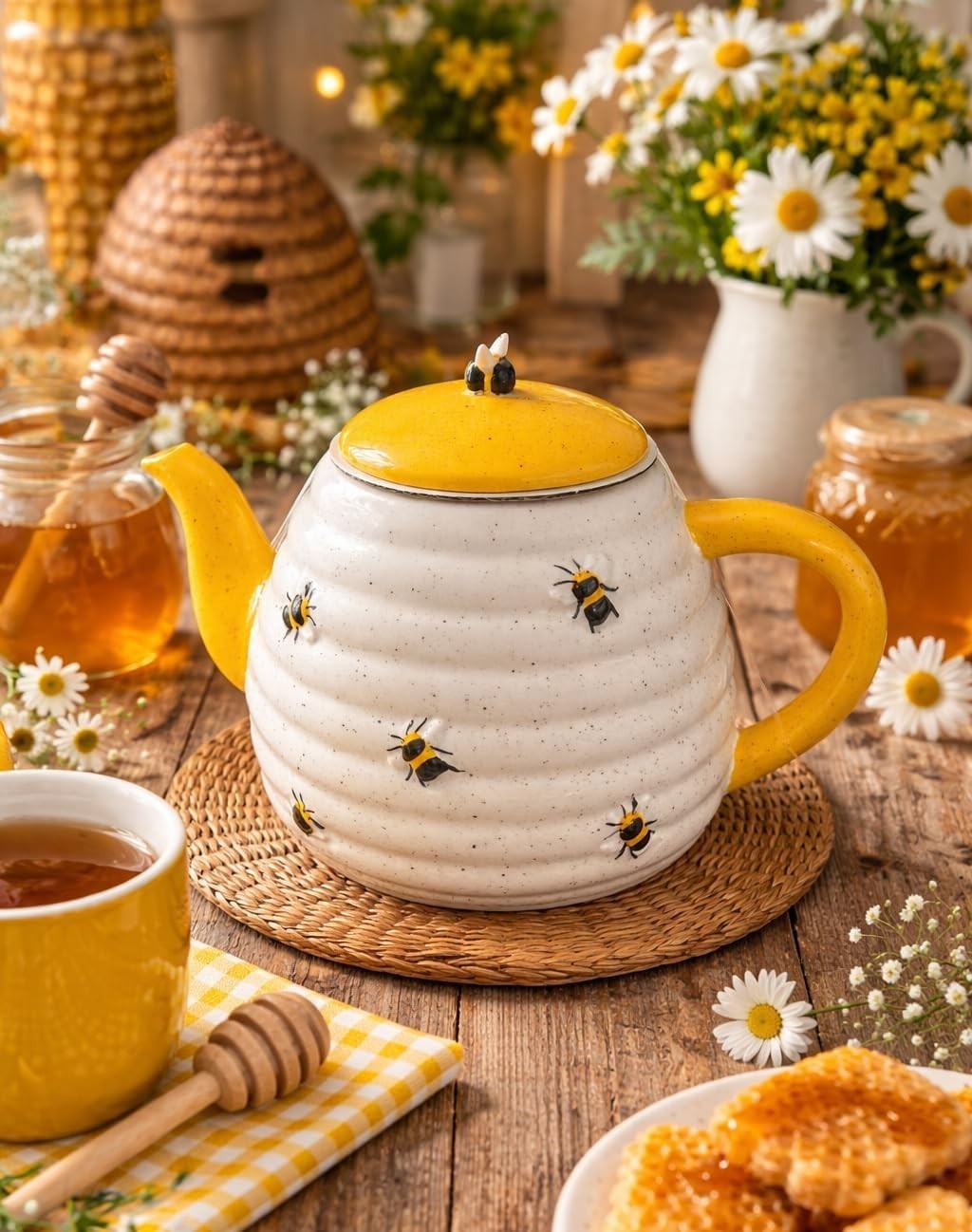 Ceramic Beehive Teapot Yellow White Farmhouse Tea Pot Kitchen Decor