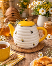 Ceramic Beehive Teapot Yellow White Farmhouse Tea Pot Kitchen Decor