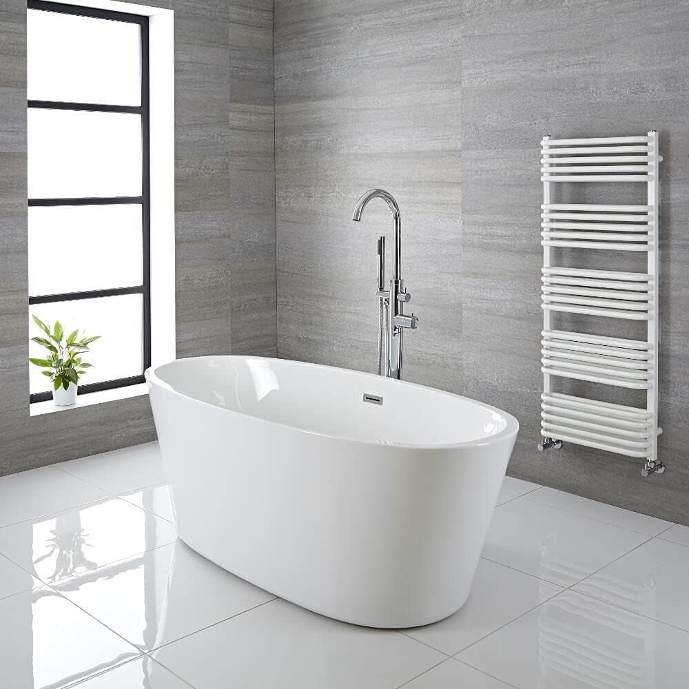 1595x740mm Freestanding Double Ended Oval Bath White Acrylic w/ Chrome Waste