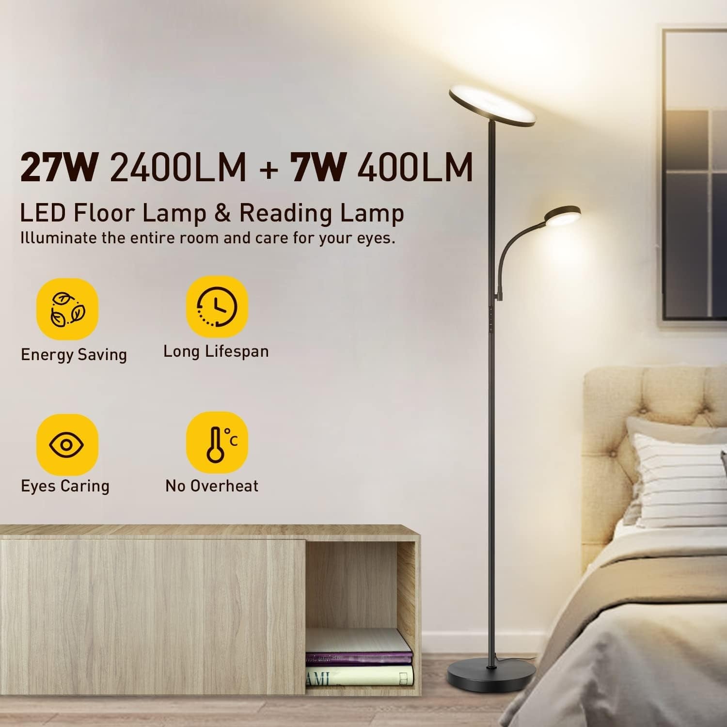 LED Floor Lamp with Reading Light Dimmable Remote Touch Uplighter Black