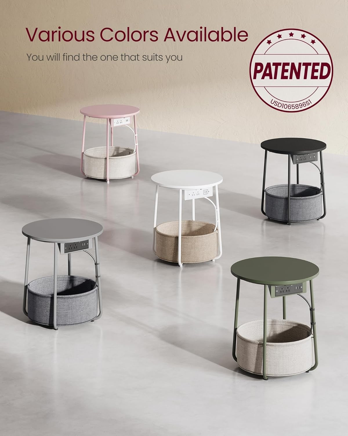 Round Side Table with USB Charging Ports, Storage Basket, Modern Bedside Stand