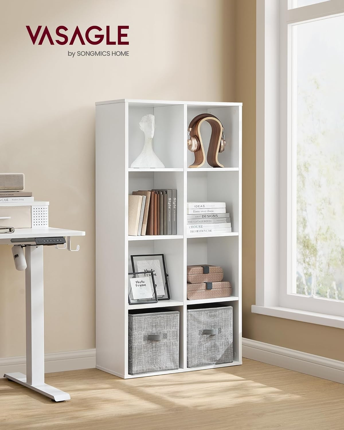 8-Cube White Bookcase | Tall Storage Shelf Unit for Living Room Office Bedroom