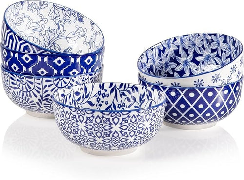 6pc Blue Porcelain Cereal Bowls Set 29oz Deep Soup Ramen Bowls