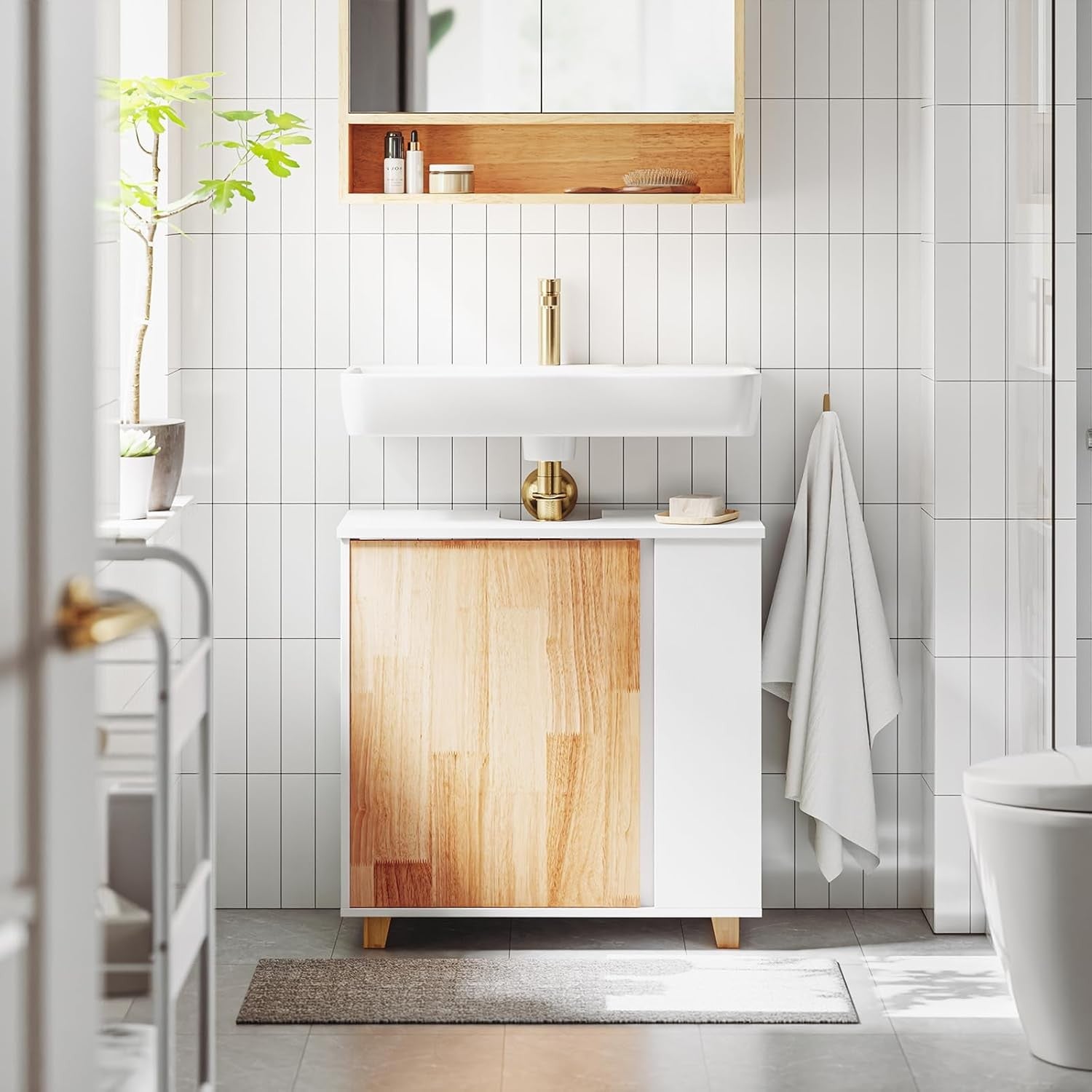White Under Sink Bathroom Cabinet with Shelves & Cupboard Storage Unit