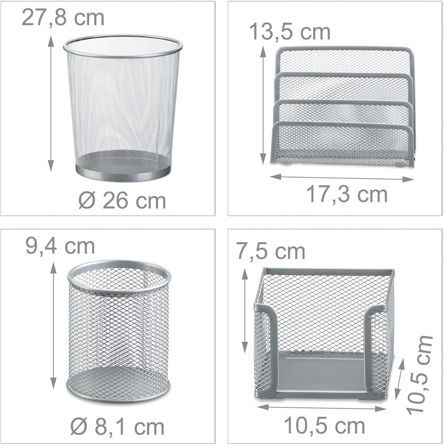 4-Piece Desk Organiser Set – Pen Holder, Letter Tray, Paper Bin Silver