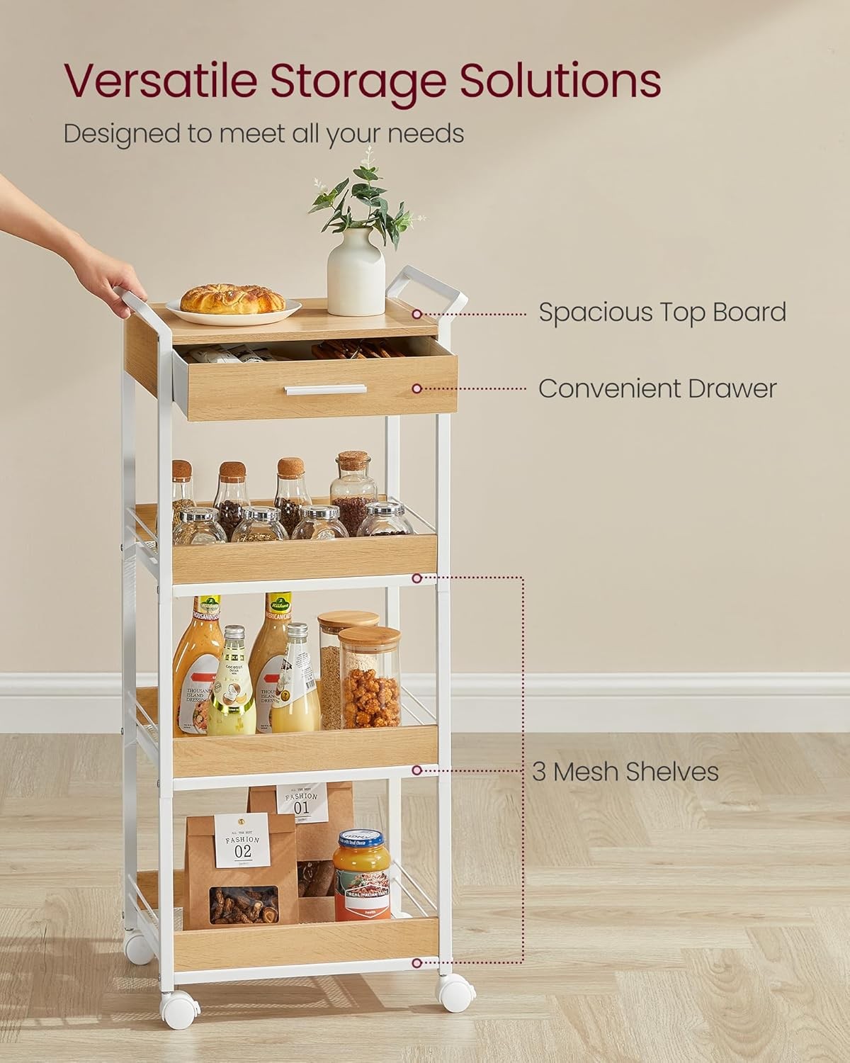 4 Tier Storage Trolley Rolling Cart with Drawer Table Top Mesh Shelves