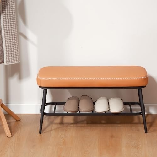 Brown PU Leather Shoe Storage Bench with Cushion Seat & Metal Frame Entryway