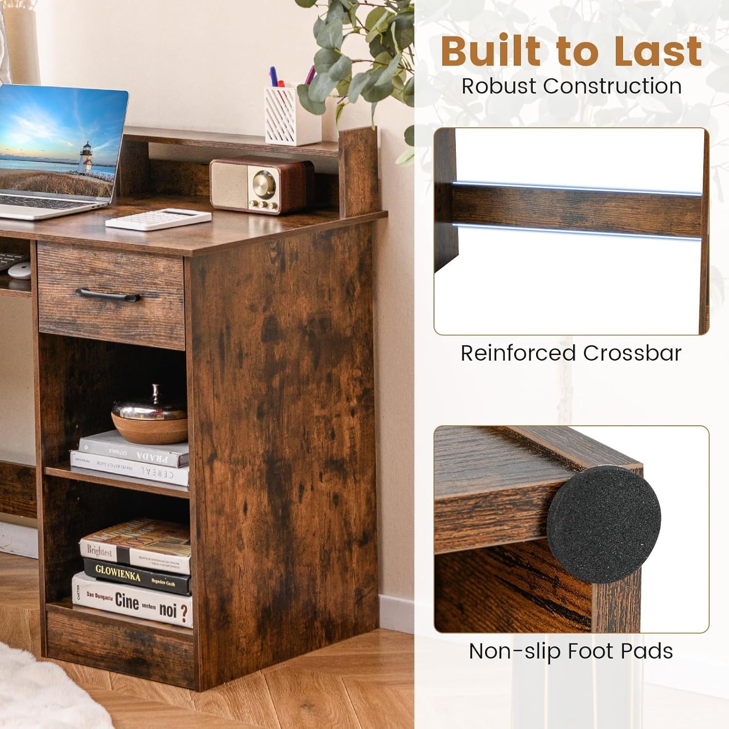 Rustic Brown Computer Desk with Storage Shelves Drawer Keyboard Tray