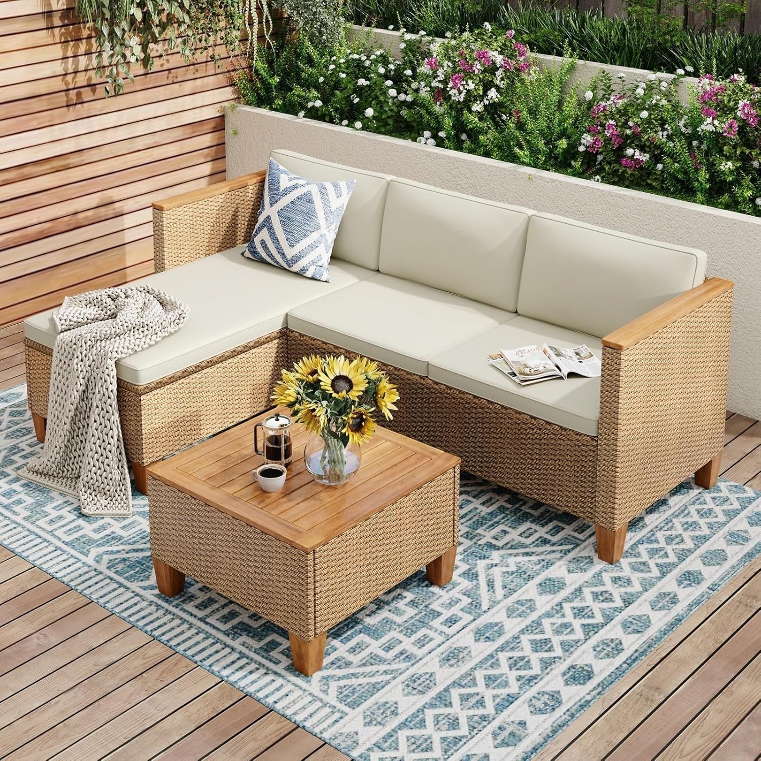 Outdoor Rattan Corner Sofa Set with Cushions & Coffee Table Patio Garden